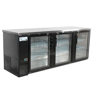 BRAND NEW SCRATCH AND DENT! 2024 Avantco 178UBB4GHC 90" Black Counter Height Glass Door Back Bar Refrigerator with LED Lighting. 115 Volts, 1 Phase. Tested and Working!
