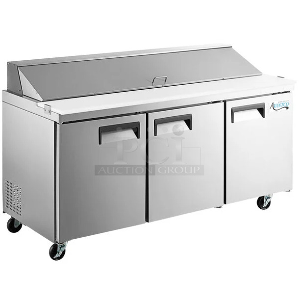 BRAND NEW SCRATCH AND DENT! 2024 Avantco 178APT71HC Stainless Steel Commercial Sandwich Salad Prep Table Bain Marie Mega Top on Commercial Casters. 115 Volts, 1 Phase. Tested and Working! - Image 1 of 12