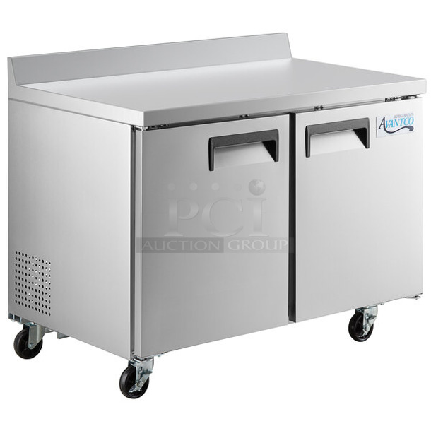 BRAND NEW SCRATCH AND DENT! 2024 Avantco 178AWT48FHC Stainless Steel Commercial 2 Door Work Top Cooler on Commercial Casters. Unit Was Mislabeled From Manufacturer and is a Cooler, Not a Freezer. 115 Volts, 1 Phase. Tested and Working! - Image 1 of 7