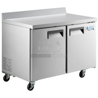 BRAND NEW SCRATCH AND DENT! 2024 Avantco 178AWT48FHC Stainless Steel Commercial 2 Door Work Top Cooler on Commercial Casters. Unit Was Mislabeled From Manufacturer and is a Cooler, Not a Freezer. 115 Volts, 1 Phase. Tested and Working!