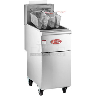 BRAND NEW SCRATCH AND DENT! 2023 Avantco 177FF40L Stainless Steel Commercial Floor Style Liquid Propane 40 lb. Stainless Steel Deep Fat Fryer w/ 2 Metal Fry Baskets and Commercial Casters. 90,000 BTU