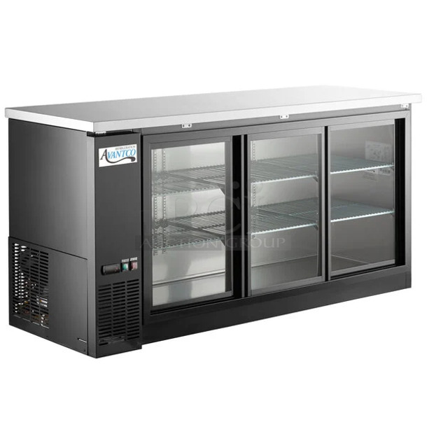 BRAND NEW SCRATCH AND DENT! 2024 Avantco 178UBB72SHC 73" Black Counter Height Narrow Sliding Glass Door Back Bar Refrigerator with LED Lighting. 115 Volts, 1 Phase. Tested and Working!
 - Image 1 of 9