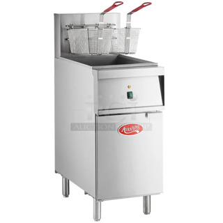 BRAND NEW SCRATCH AND DENT! 2024 Avantco 177EF40C Stainless Steel Commercial Floor Style 40 lb. Electric Powered Deep Fat Fryer w/ 2 Metal Fry Baskets. 208 Volts, 3 Phase. 