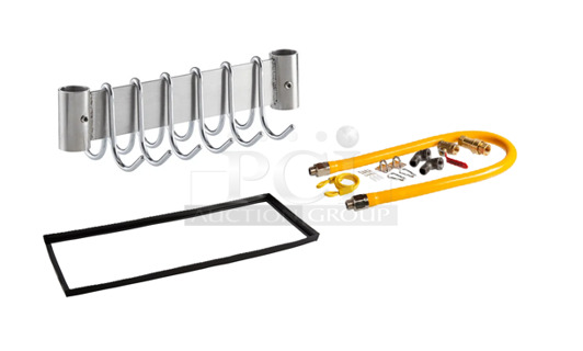 3 BRAND NEW SCRATCH AND DENT! Items Including Regency 600LMPROS12W 12" Stainless Steel Overshelf Mounted Pot Rack with 6 Double Prong Hooks,ServIt 423WDNP9 Narrow Drawer Gasket for WD Drawer Warmers, Regency Mobile Gas Connector Hose Kit with 2 Elbows, Full Port Valve, Restraining Device, and Quick Disconnect. 3 Times Your Bid! 