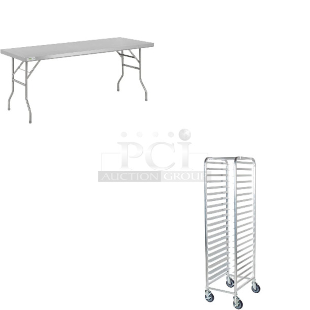2 BRAND NEW SCRATCH AND DENT! Items Including Regency 600FWT3072 30" x 72" 18-Gauge Stainless Steel Open Base Folding Work Table and Regency 600STPR20KD 20 Pan Aluminum Steam Table Pan Rack - Unassembled. 2 Times Your Bid! May Be Missing Pieces.  - Image 1 of 4