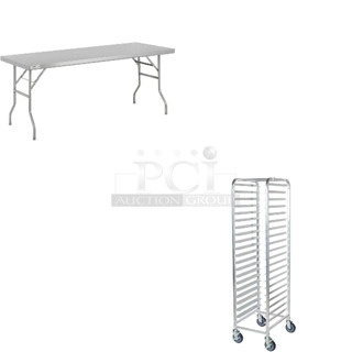 2 BRAND NEW SCRATCH AND DENT! Items Including Regency 600FWT3072 30" x 72" 18-Gauge Stainless Steel Open Base Folding Work Table and Regency 600STPR20KD 20 Pan Aluminum Steam Table Pan Rack - Unassembled. 2 Times Your Bid! May Be Missing Pieces. 
