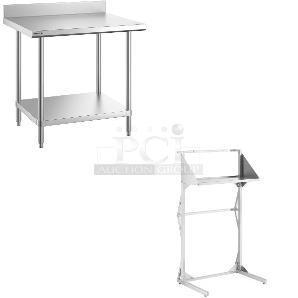 2 BRAND NEW SCRATCH AND DENT! Items Including Regency 600TSSB3036S Spec Line 30" x 36" 14 Gauge Stainless Steel Commercial Work Table with 4" Backsplash and Undershelf and Regency 600SALSTAND Salamander Broiler Stand. 2 Times Your Bid! May Be Missing Pieces.  - Image 1 of 4