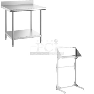 2 BRAND NEW SCRATCH AND DENT! Items Including Regency 600TSSB3036S Spec Line 30" x 36" 14 Gauge Stainless Steel Commercial Work Table with 4" Backsplash and Undershelf and Regency 600SALSTAND Salamander Broiler Stand. 2 Times Your Bid! May Be Missing Pieces. 