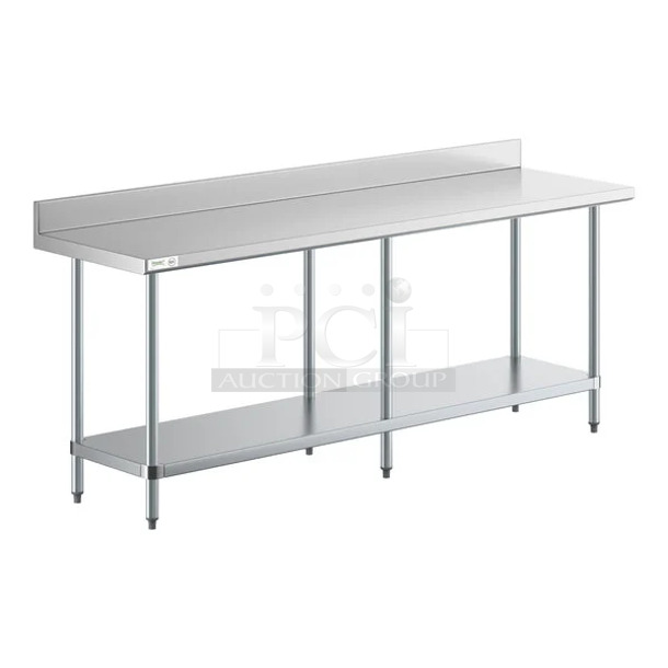 2 BRAND NEW SCRATCH AND DENT! Regency 600TB2484G 24" x 84" 18 Gauge 304 Stainless Steel Commercial Work Table with 4" Backsplash, Galvanized Legs, and Undershelf. 2 Times Your Bid! May Be Missing Pieces.  - Image 1 of 2