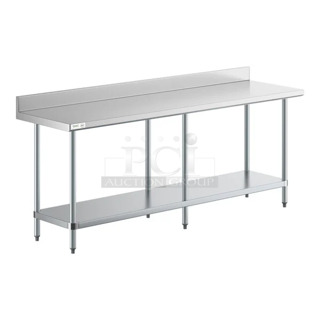 2 BRAND NEW SCRATCH AND DENT! Regency 600TB2484G 24" x 84" 18 Gauge 304 Stainless Steel Commercial Work Table with 4" Backsplash, Galvanized Legs, and Undershelf. 2 Times Your Bid! May Be Missing Pieces. 