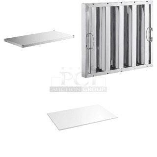 3 BRAND NEW SCRATCH AND DENT! Items Including Regency 460SS2448 Spec Line 24" x 48" NSF Stainless Steel Solid Shelf, Steelton 522HF2016 16"(H) x 20"(W) x 2"(T) Stainless Steel Hood Filter, Regency 600PSWT3048F 30" x 48" Poly Table Top for 30" x 48" Poly Top Table without Backsplash. 3 Times Your Bid! May Be Missing Pieces. 