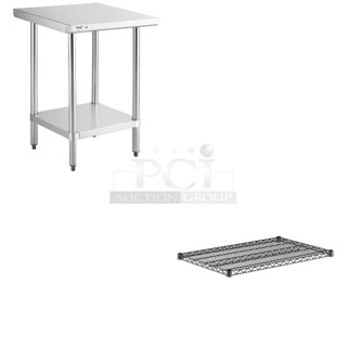 2 BRAND NEW SCRATCH AND DENT! Items Including Regency 600T2424G 24" x 24" 18-Gauge 304 Stainless Steel Commercial Work Table with Galvanized Legs and Undershelf and Regency 460EB2436 24" x 36" NSF Black Epoxy Wire Shelf. 2 Times Your Bid! May Be Missing Pieces. 