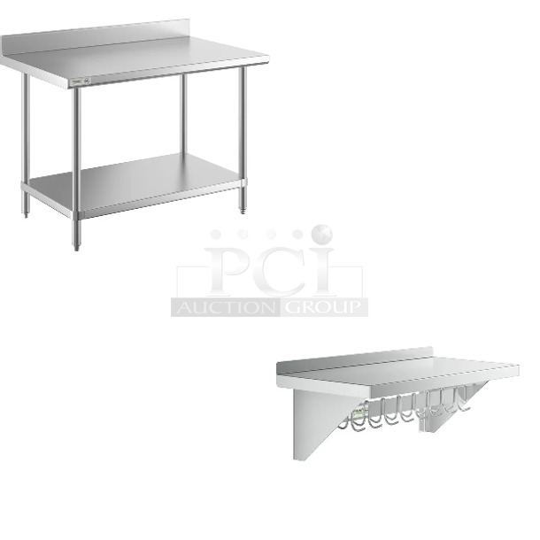 2 BRAND NEW SCRATCH AND DENT! Regency 600TSB3048S 30" x 48" 16-Gauge Stainless Steel Commercial Work Table with 4" Backsplash and Undershelf, No Legs and Regency 600PS1536 15" x 36" Stainless Steel Wall Mounted Pot Rack with Shelf and 18 Galvanized Hooks. 2 Times Your Bid! May Be Missing Pieces.  - Image 1 of 4