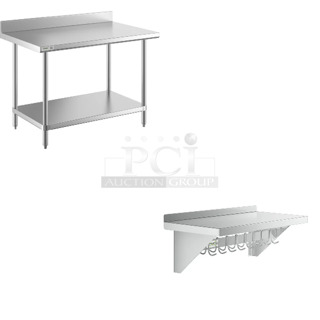 2 BRAND NEW SCRATCH AND DENT! Regency 600TSB3048S 30" x 48" 16-Gauge Stainless Steel Commercial Work Table with 4" Backsplash and Undershelf, No Legs and Regency 600PS1536 15" x 36" Stainless Steel Wall Mounted Pot Rack with Shelf and 18 Galvanized Hooks. 2 Times Your Bid! May Be Missing Pieces. 