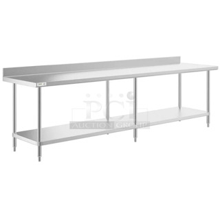 BRAND NEW SCRATCH AND DENT! Regency 600TSSB30120 Spec Line 30" x 120" 14 Gauge Stainless Steel Commercial Work Table with 4" Backsplash and Undershelf. May Be Missing Pieces. 