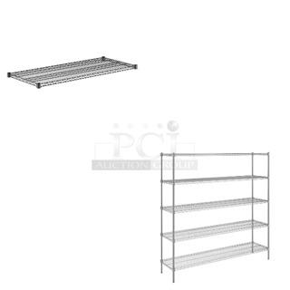 2 BRAND NEW SCRATCH AND DENT! Items Including Regency 460EB2148 21" x 48" NSF Black Epoxy Wire Shelf and Steelton 465C1872KE5 18" x 72" NSF Chrome 5-Shelf Kit with 72" Posts. 2 Times Your Bid! May Be Missing Pieces.
