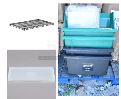  6BRAND NEW SCRATCH AND DENT! Items Including Regency 460EB2436 24" x 36" NSF Black Epoxy Wire Shelf, Sparta Carlisle Sparta 361410EC03 12" Upright Dustpan w/o Handles, 407FLXLID4 Flexsil Lid 1/4 Size High-Heat Silicone Steam Table / Hotel Pan Lid. 6 Times Your Bid! May Be Missing Pieces. 