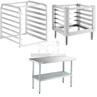 3 BRAND NEW SCRATCH AND DENT! Items Including Regency 600RIR7KD 7 Pan Aluminum End Load Sheet / Bun Pan Rack for Reach-Ins - Unassembled, 351COHSS2124U Cooking Performance Group SCOS-2124 23 5/8" x 21 1/4" x 23 5/8" Countertop Half Size Oven Stand for COH-T4-M, COH-D4-M, COH-T3-A, and COH-D3-A and Regency 600T2448G24" x 48" 18-Gauge 304 Stainless Steel Commercial Work Table with Galvanized Legs and Undershelf. 3 Times Your Bid! May Be Missing Pieces. 