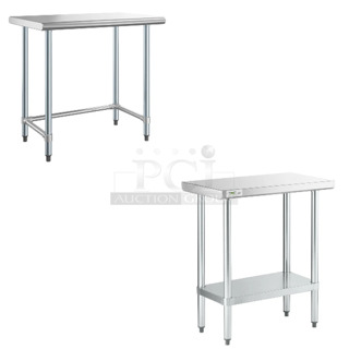 2 BRAND NEW SCRATCH AND DENT! Items Including Steelton 522ETOB2436 24" x 36" 18-Gauge 430 Stainless Steel Open Base Work Table and Regency 600T1830G 18" x 30" 18-Gauge 304 Stainless Steel Commercial Work Table with Galvanized Legs and Undershelf. 2 Times Your Bid! May Be Missing Pieces.