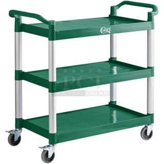 3 BRAND NEW SCRATCH AND DENT! Choice 109CARTBLGGN Green Utility / Bussing Cart with Three Shelves - 42" x 20". 3 Times Your Bid! May Be Missing Pieces.