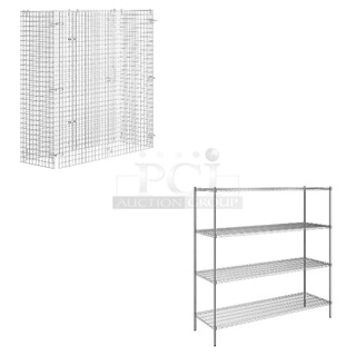 2 BRAND NEW SCRATCH AND DENT! Regency 460ECSC2460 NSF Chrome Wire Security Cage - 24" x 60" x 61" and Steelton 465C2472KE4 24" x 72" NSF Chrome 4-Shelf Kit with 72" Posts. 2 Times Your Bid! May Be Missing Pieces. 