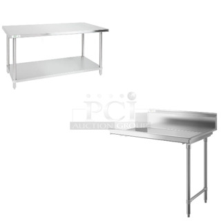 2 BRAND NEW SCRATCH AND DENT! Items Including Regency 600TS3060S 30" x 60" 16-Gauge 304 Stainless Steel Commercial Work Table with Undershelf and Regency 600CDT48R 16 Gauge 4' Clean Dish Table - Right Drainboard. 2 Times Your Bid! May Be Missing Pieces.