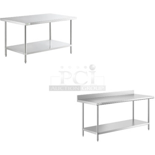 2 BRAND NEW SCRATCH AND DENT! Items Including Regency 600TS3660S 36" x 60" 16 Gauge Stainless Steel Commercial Work Table with Undershelf and Regency 600TSB3072S 30" x 72" 16-Gauge Stainless Steel Commercial Work Table with 4" Backsplash and Undershelf. 2 Times Your Bid! May Be Missing Pieces.