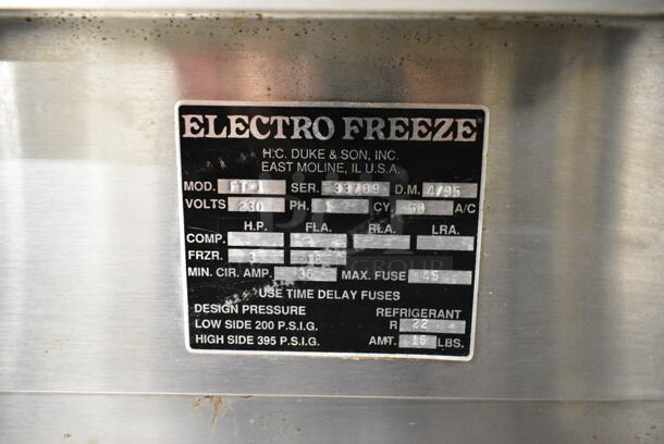 Electro Freeze FT-1 Stainless Steel Commercial Floor Style Water Cooled Batch Freezer on Commercial Casters. 230 Volts, 1 Phase. - Image 11 of 11