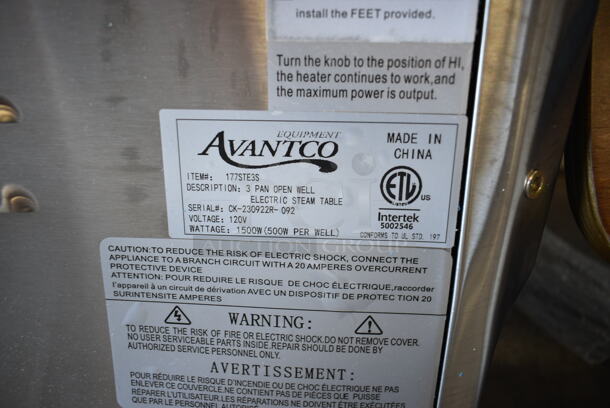 BRAND NEW SCRATCH AND DENT! 2023 Avantco 177STE3S Stainless Steel Three Pan Open Well Electric Steam Table with Undershelf. 120 Volts, 1 Phase.  - Image 12 of 12