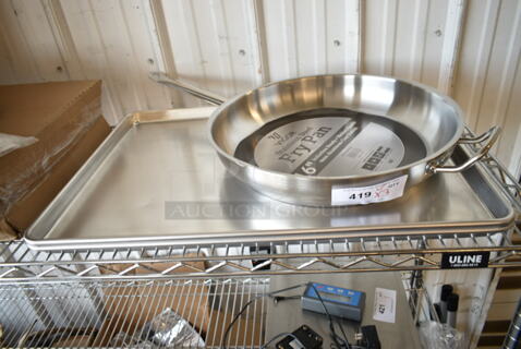 3 BRAND NEW SCRATCH AND DENT! Items Including 473SSFRY16 Vigor SS1 Series 16" Stainless Steel Fry Pan with Aluminum-Clad Bottom and Helper Handle and 2 Vollrath N5300 Wear-Ever Full Size 14 Gauge 18" x 26" Wire in Rim Aluminum Bun / Sheet Pan. 3 Times Your Bid! 