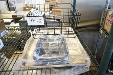 6 BRAND NEW SCRATCH AND DENT! Items Including 407BUNEGHTBK Baker's Lane Eighth Size 19 Gauge Non-Stick 6 1/2" x 9 1/2" Black Wire in Rim Aluminum Bun / Sheet Pan / Tray, 407HALFSS Baker's Lane Half Size NSF 20 Gauge 13" x 18" Open Bead Rim Stainless Steel Bun Pan / Sheet Pan, Black Basket. 6 Times Your Bid! 
