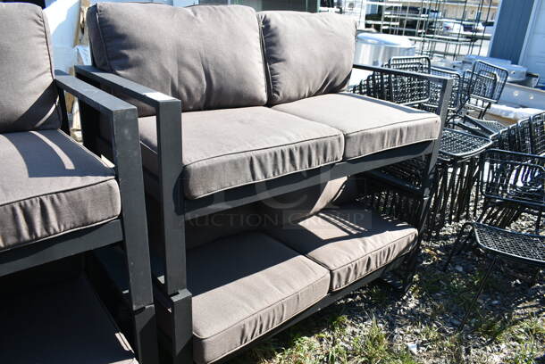 2 Outdoor Patio Benches w/ Arm Rests and Gray Cushions. 2 Times Your Bid! - Image 1 of 4