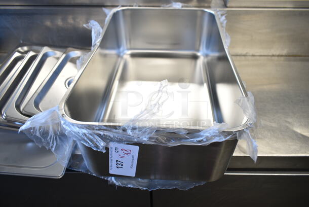 8 BRAND NEW SCRATCH AND DENT! Stainless Steel Items Including 2 176SSPILLFL Choice Full Size 6" Deep Stainless Steel Steam Table Spillage Pan, 5 4070130 Choice 1/3 Size Stainless Steel Solid Steam Table / Hotel Pan Cover, 4070110 Choice Full Size Stainless Steel Solid Steam Table / Hotel Pan Cover. 8 Times Your Bid!  - Image 3 of 8