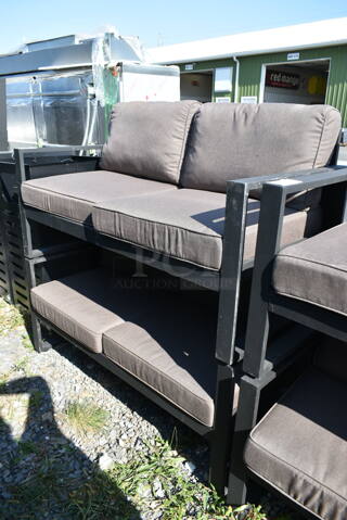 2 Outdoor Patio Benches w/ Arm Rests and Gray Cushions. 2 Times Your Bid!