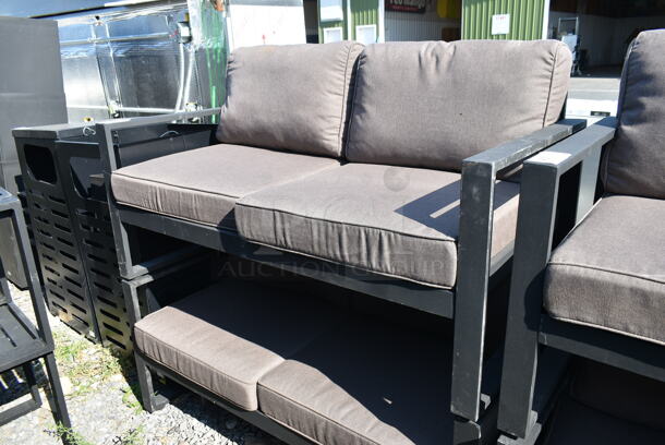 2 Outdoor Patio Benches w/ Arm Rests and Gray Cushions. 2 Times Your Bid! - Image 2 of 4