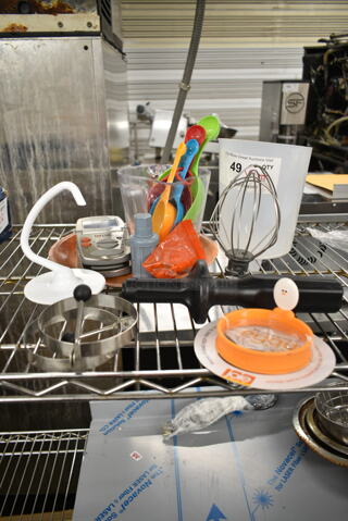 ALL ONE MONEY! Lot of Various Items Including Mixer Attachments, Dry Measuring Cups, Clear Poly Pitcher, 2 Taylor Timers.