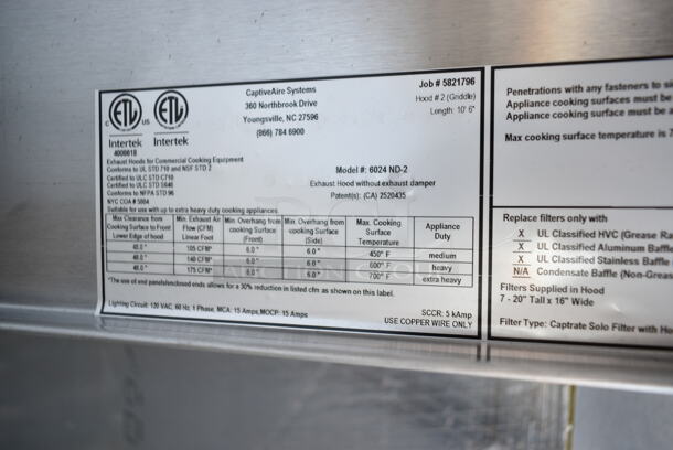 BRAND NEW! 10.5' CaptiveAire 6024 ND-2 Stainless Steel Commercial Grease Hood w/ Filters and Lights.  - Image 9 of 9