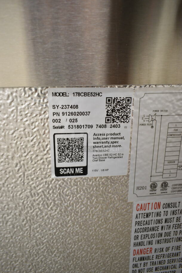 BRAND NEW SCRATCH AND DENT! 2022 Avantco 178CBE52HC Stainless Steel Commercial 2 Drawer Chef Base w/ Commercial Casters. 115 Volts, 1 Phase. Tested and Working! - Image 8 of 8