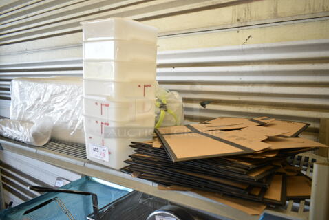 ALL ONE MONEY! Lot of Various Items Including Poly 6 Quart Bins, 19 Choice 500CTOUT128 128 oz. Beverage Take-Out Container - 25/Case, 357FPB5030A0 Flat Tech FPB5030A05 22 1/2" x 21" Yellow Table Pad, 2-S Foam Trays.