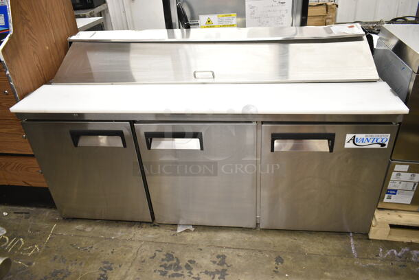 BRAND NEW SCRATCH AND DENT! 2024 Avantco 178APT71HC Stainless Steel Commercial Sandwich Salad Prep Table Bain Marie Mega Top on Commercial Casters. 115 Volts, 1 Phase. Tested and Working! - Image 2 of 12
