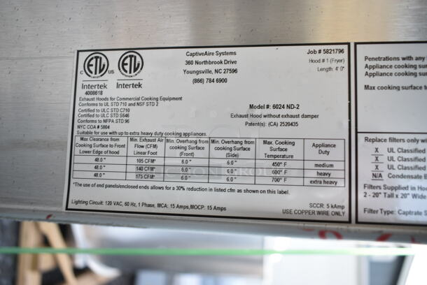 BRAND NEW! 6' CaptiveAire 6024 ND-2 Stainless Steel Commercial SELF CONTAINED Grease Hood w/ Filters and Light.  - Image 12 of 12