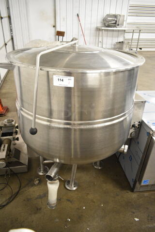 Cleveland KGL-80 Stainless Steel Commercial Electric Powered Floor Style 80 Gallon Steam Kettle. 240 Volts. Appears To Be 3 Phase.