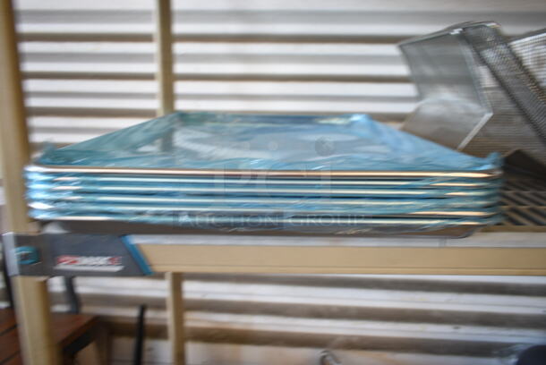6 BRAND NEW SCRATCH AND DENT! Choice 407BUNFULL Full Size 18" x 26" 19 Gauge Wire in Rim Aluminum Bun Pan / Sheet Pan; Some Perforated. 6 Times Your Bid!  - Image 3 of 4