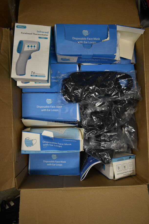 ALL ONE MONEY! Lot of BRAND NEW SCRATCH AND DENT! Items Including 2 Infrared Forehead Thermometer and 28 Boxes of Masks - Image 1 of 6