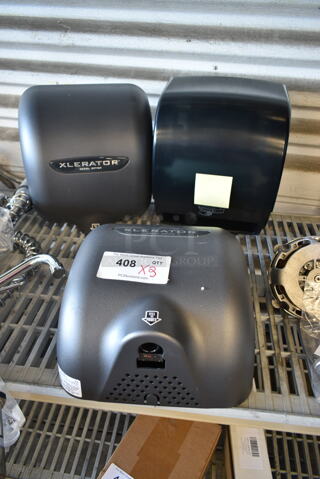 3 BRAND NEW SCRATCH AND DENT! Wall Mount Items; 2 Xlerator XL-GR Hand Dryers and 1 Hand Towel Dispenser. 3 Times Your Bid! 