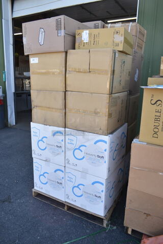 PALLET LOT of 22 BRAND NEW Boxes Including 4 Box Heavenly Soft 413663 Napkins, 4 Vegware 16 oz Bowl Cups, Pactiv NOB04SW White Boxes. 22 Times Your Bid! 