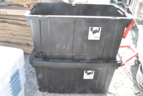 2 Sterilite 1469LAB90 Black Poly 40 Gallon Rolling Tote. No Lids. 2 Times Your Bid! 