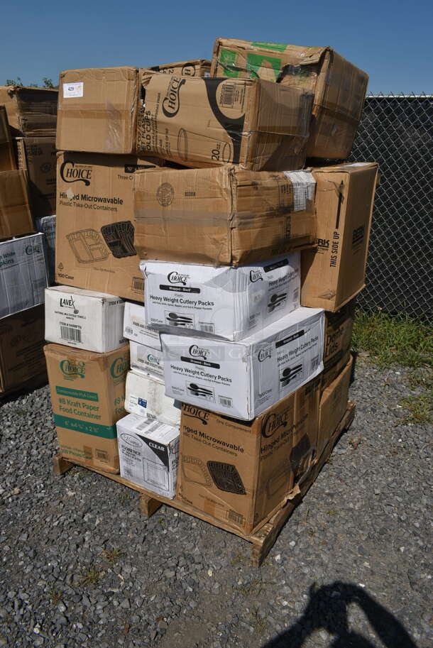 PALLET LOT of 35 BRAND NEW Boxes Including 500CC20 Choice Clear PET Customizable Plastic Cold Cup - 20 oz. - 600/Case, 2 Box 130BKFKSNSPH Choice Black Heavy Weight Wrapped Plastic Cutlery Pack with Napkin and Salt and Pepper Packets - 500/Case, 500TO993 Choice 9" x 9" x 3" Microwaveable 3-Compartment Black / Clear Plastic Hinged Container - 100/Case, 500TO10103C3 Choice 10" x 10" x 3" Microwaveable 3-Compartment Black / Clear Plastic Hinged Container - 100/Case, Lavex 500MFTN Lavex Natural Brown Kraft M-Fold (Multifold) Towel - 4000/Case, 795PLAKFT8 EcoChoice Kraft PLA Lined Compostable #8 Take-Out Container 6" x 4 3/4" x 2 1/2" - 300/Case, Choice 182RRF14 10" x 14" Plastic Food Bag On A Roll - 1000/Case, 347SP10CL Visions Florence 10" Square Clear Plastic Plate - 120/Case, 500LDOMEW Choice 9 oz., 12 oz., 16 oz., 20 oz., 24 oz. Clear PET Dome Lid with 2" Hole - 1000/Case, 4558022026 32 oz. Tall Plastic Iced Tea Design Souvenir Cup with Straw and Lid - 200/Case, 795NRKFT3 New Roots Kraft PLA-Lined Compostable #3 Take-Out Container 7 3/4" x 5 1/2" x 2 1/2" - 200/Case, 795PTOKFT2 Choice Kraft Microwavable Folded Paper #2 Take-Out Container 7 3/4" x 5 1/2" x 1 7/8" - 200/Case, 10 Box 130SERVSP8BK Choice 8 1/2" Black Disposable Plastic Serving Spoon - 72/Case. 35 Times Your Bid!  - Image 1 of 12