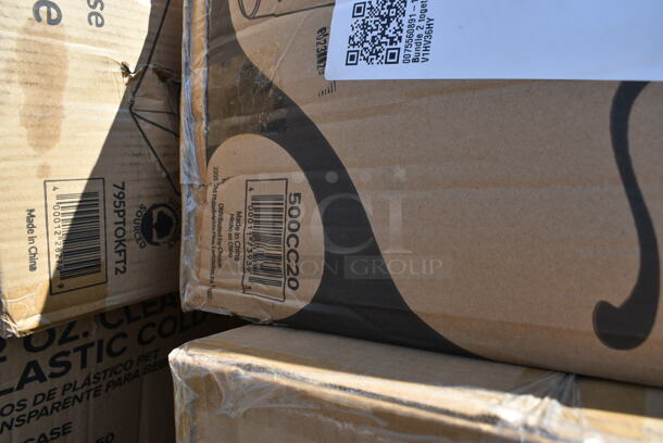 PALLET LOT of 35 BRAND NEW Boxes Including 500CC20 Choice Clear PET Customizable Plastic Cold Cup - 20 oz. - 600/Case, 2 Box 130BKFKSNSPH Choice Black Heavy Weight Wrapped Plastic Cutlery Pack with Napkin and Salt and Pepper Packets - 500/Case, 500TO993 Choice 9" x 9" x 3" Microwaveable 3-Compartment Black / Clear Plastic Hinged Container - 100/Case, 500TO10103C3 Choice 10" x 10" x 3" Microwaveable 3-Compartment Black / Clear Plastic Hinged Container - 100/Case, Lavex 500MFTN Lavex Natural Brown Kraft M-Fold (Multifold) Towel - 4000/Case, 795PLAKFT8 EcoChoice Kraft PLA Lined Compostable #8 Take-Out Container 6" x 4 3/4" x 2 1/2" - 300/Case, Choice 182RRF14 10" x 14" Plastic Food Bag On A Roll - 1000/Case, 347SP10CL Visions Florence 10" Square Clear Plastic Plate - 120/Case, 500LDOMEW Choice 9 oz., 12 oz., 16 oz., 20 oz., 24 oz. Clear PET Dome Lid with 2" Hole - 1000/Case, 4558022026 32 oz. Tall Plastic Iced Tea Design Souvenir Cup with Straw and Lid - 200/Case, 795NRKFT3 New Roots Kraft PLA-Lined Compostable #3 Take-Out Container 7 3/4" x 5 1/2" x 2 1/2" - 200/Case, 795PTOKFT2 Choice Kraft Microwavable Folded Paper #2 Take-Out Container 7 3/4" x 5 1/2" x 1 7/8" - 200/Case, 10 Box 130SERVSP8BK Choice 8 1/2" Black Disposable Plastic Serving Spoon - 72/Case. 35 Times Your Bid!  - Image 3 of 12