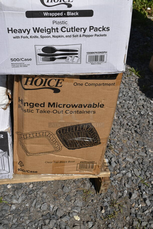 PALLET LOT of 35 BRAND NEW Boxes Including 500CC20 Choice Clear PET Customizable Plastic Cold Cup - 20 oz. - 600/Case, 2 Box 130BKFKSNSPH Choice Black Heavy Weight Wrapped Plastic Cutlery Pack with Napkin and Salt and Pepper Packets - 500/Case, 500TO993 Choice 9" x 9" x 3" Microwaveable 3-Compartment Black / Clear Plastic Hinged Container - 100/Case, 500TO10103C3 Choice 10" x 10" x 3" Microwaveable 3-Compartment Black / Clear Plastic Hinged Container - 100/Case, Lavex 500MFTN Lavex Natural Brown Kraft M-Fold (Multifold) Towel - 4000/Case, 795PLAKFT8 EcoChoice Kraft PLA Lined Compostable #8 Take-Out Container 6" x 4 3/4" x 2 1/2" - 300/Case, Choice 182RRF14 10" x 14" Plastic Food Bag On A Roll - 1000/Case, 347SP10CL Visions Florence 10" Square Clear Plastic Plate - 120/Case, 500LDOMEW Choice 9 oz., 12 oz., 16 oz., 20 oz., 24 oz. Clear PET Dome Lid with 2" Hole - 1000/Case, 4558022026 32 oz. Tall Plastic Iced Tea Design Souvenir Cup with Straw and Lid - 200/Case, 795NRKFT3 New Roots Kraft PLA-Lined Compostable #3 Take-Out Container 7 3/4" x 5 1/2" x 2 1/2" - 200/Case, 795PTOKFT2 Choice Kraft Microwavable Folded Paper #2 Take-Out Container 7 3/4" x 5 1/2" x 1 7/8" - 200/Case, 10 Box 130SERVSP8BK Choice 8 1/2" Black Disposable Plastic Serving Spoon - 72/Case. 35 Times Your Bid!  - Image 10 of 12